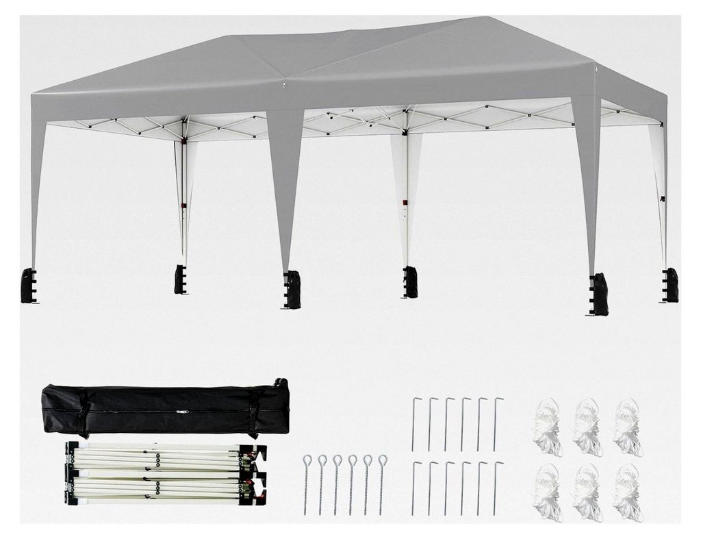 Pavillon 3 x 6 m, Pop-up Faltpavillon wasserdicht mit Tragetasche auf Rollen, UV-Schutz 50+, Partyzelt inkl. 6 Sandsäcken, höhenverstellbarer Gar...