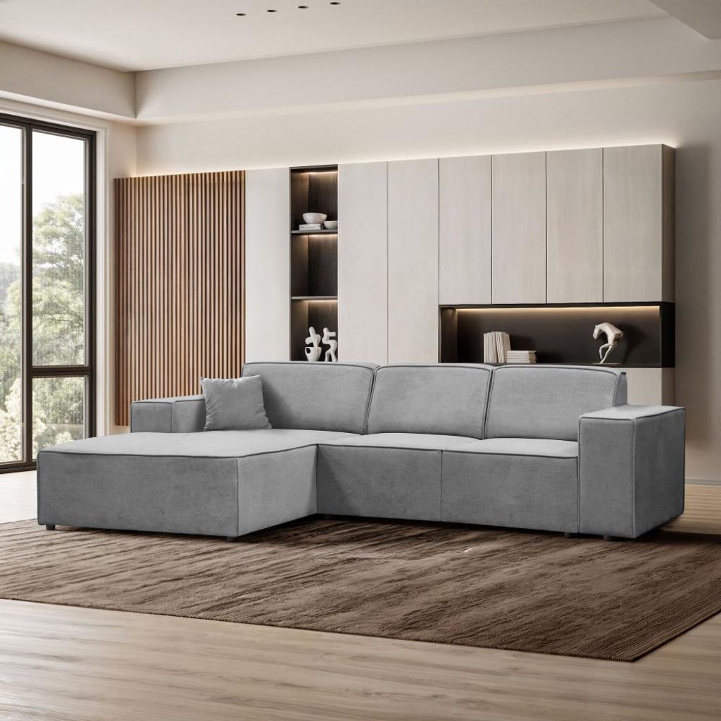 Ecksofa PEDRO L Hellgrau, 267x170 cm, Sofa L-form Breite Ottomane links, ohne Schlaffunktion