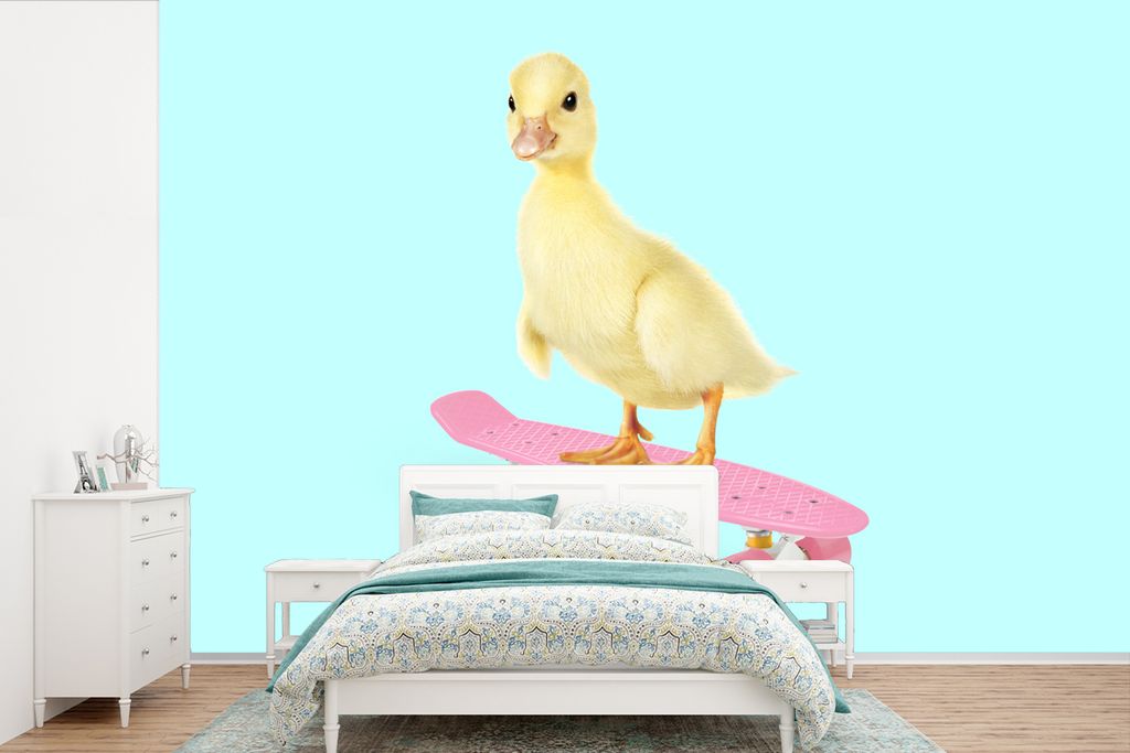 MuchoWow Fototapete für Wohnzimmer oder Schlafzimmer Wandtapete Vinyl Motivtapete Ente - Küken - Skateboard - Blau - Rosa - 360x240 cm - Vinyl-...