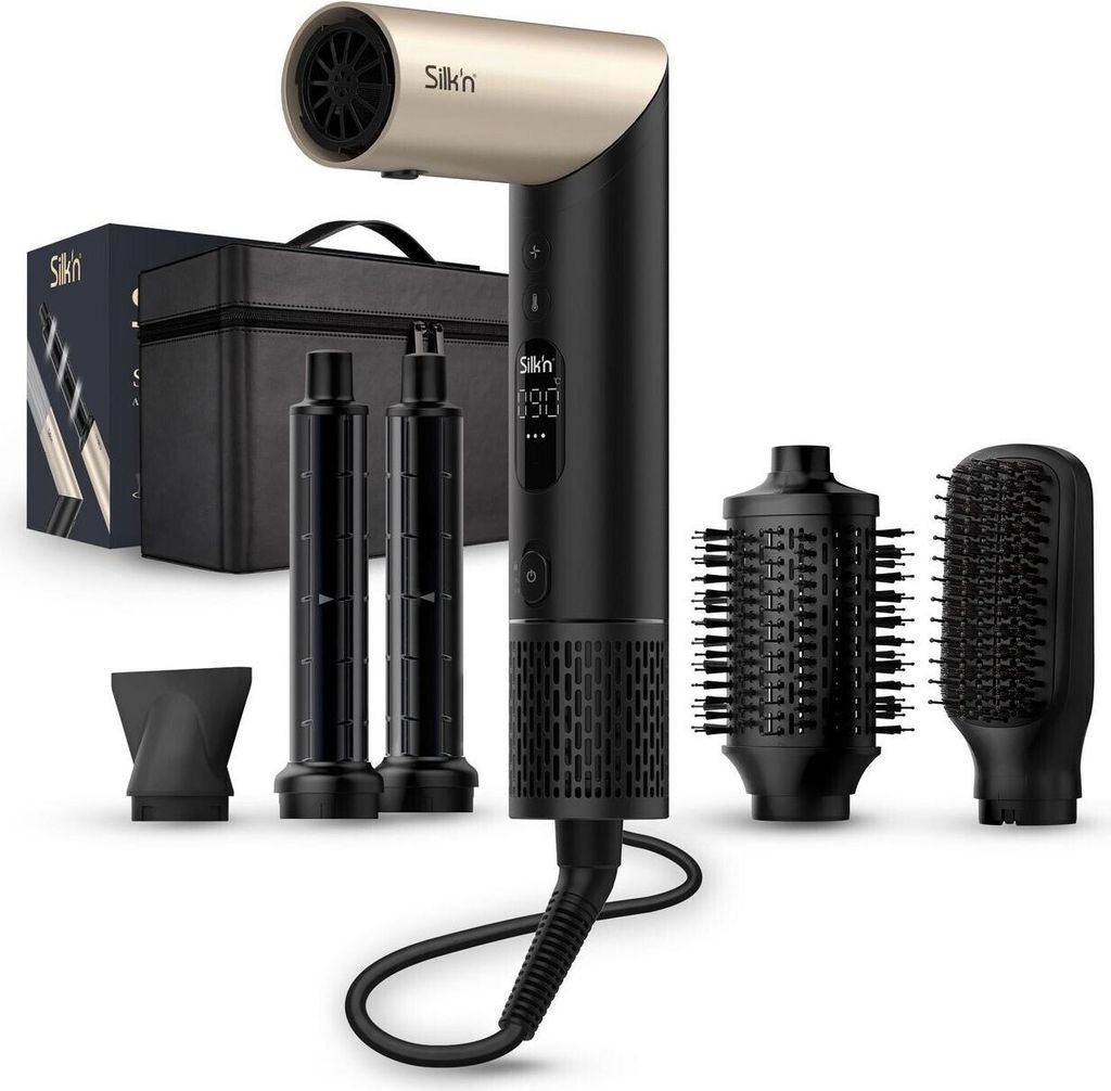 A Silk'n SilkyAir Flex E1-SIF005 5-in-1 hair styler set with accessories and a storage case, displayed against a white background.
