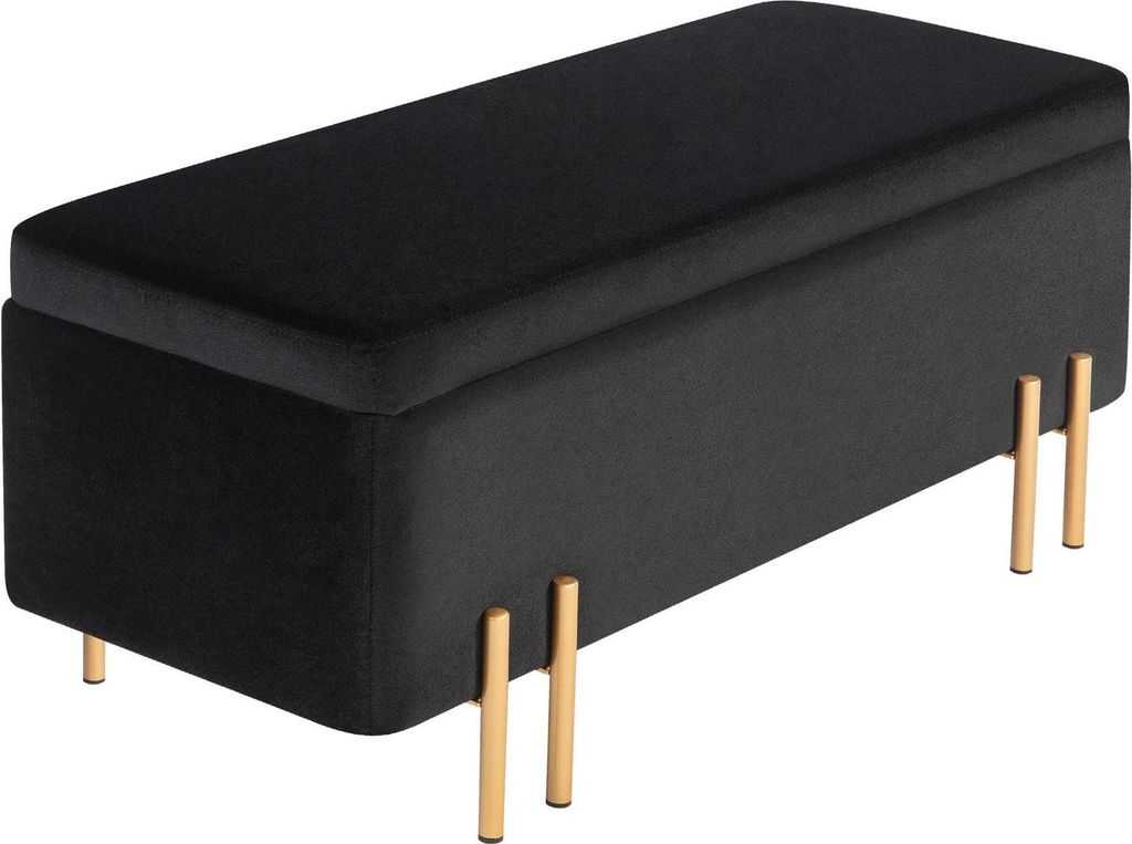 Sitzbank, Polsterbank mit Stauraum, Truhenbank, Stoff, Metall, Gummiholz, Schaumstoff, Schwarz, 100 x 40 x 42 cm