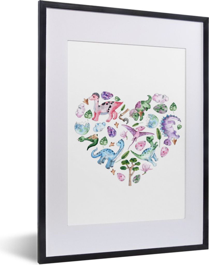 MuchoWow Gerahmtes Poster Kinderzimmer - Herz - Dinosaurier - Mädchen - Kinder - Rosa - Kinder 30x40 cm - Poster mit Schwarzem Bilderrahmen Wand...