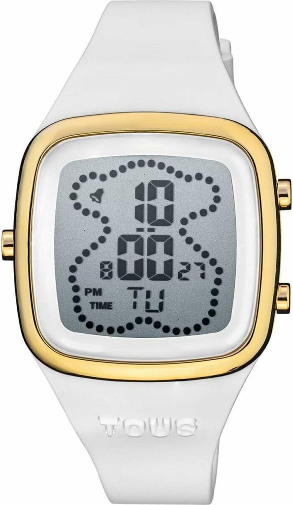 A digital watch with a white strap and a gold bezel.
