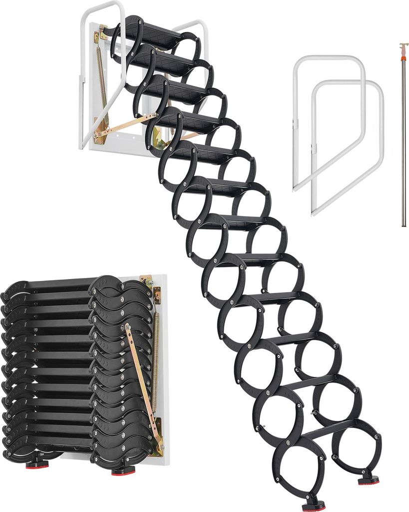 A foldable attic ladder is shown in both its extended and folded states, along with accessories like handrails and a pole.