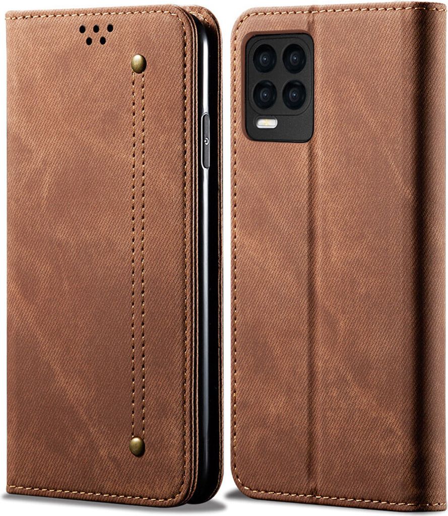 OPPO Realme 8 Pro Hülle, LaimTop Denim Leder Brieftasche Magnetverschluss Flip Bookstyle Schutzhülle mit Standfunktion für OPPO Realme 8 Pro Braun