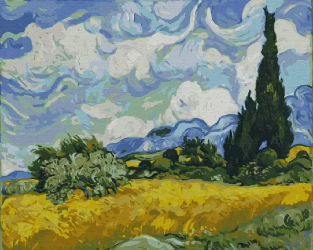 Peinture par numéros motif Champ de blé vert et cyprès Toile coton 40x50
