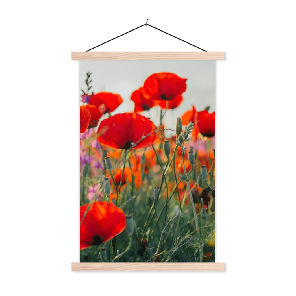 MuchoWow Textilposter Mohn - Blumen - Rot - Lila - Wiese 40x60 cm mit holzfarbenen Rahmen - Poster
