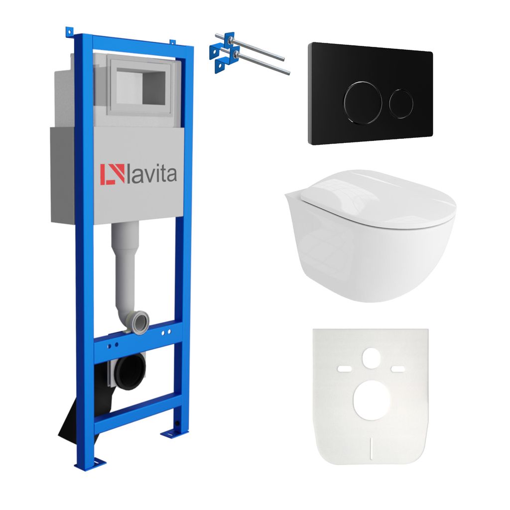 Lavita LAV 101 Vorwandelement für WC 40cm + Wand Hänge Tiefspül WC VITO Weiß Spülrandlos + Bedienplatte LAV 200.4.4 Schwarz | Komplettset | Un...
