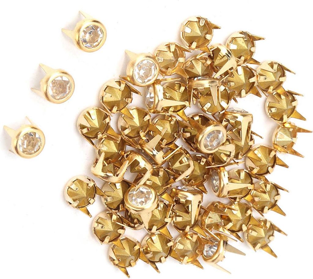 50 Stck Runde Klaue, Kristall-Strasssteine, Basteldekoration fr DIY-Nailhead-Bolzen, Spikes, Nieten (6 mm wei?er Diamant-Klauenbohrer mit Goldkante)