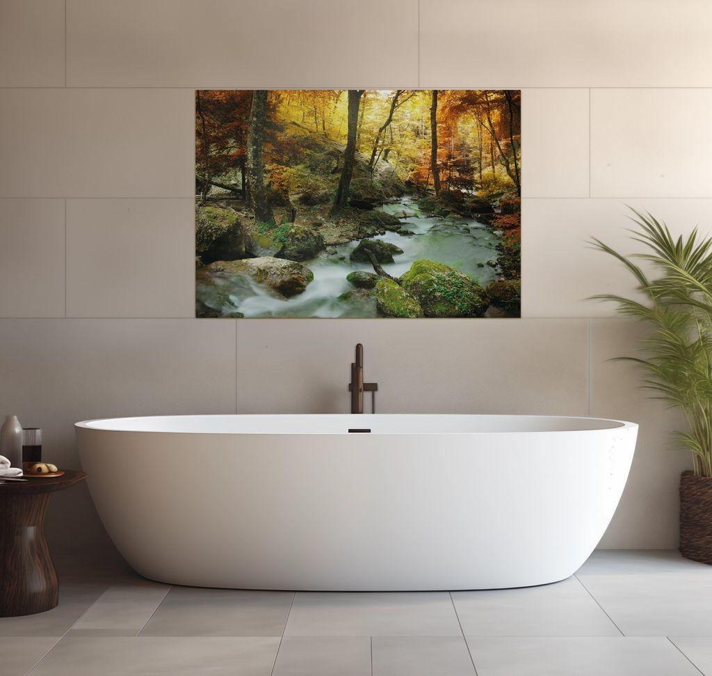 Wallario wasserfestes Poster selbstklebend 70 x 100 cm, Wasserfall mit moosbedeckten Steinen im Herbstwald, Badezimmerposter Spritzschutz mit Hochg...