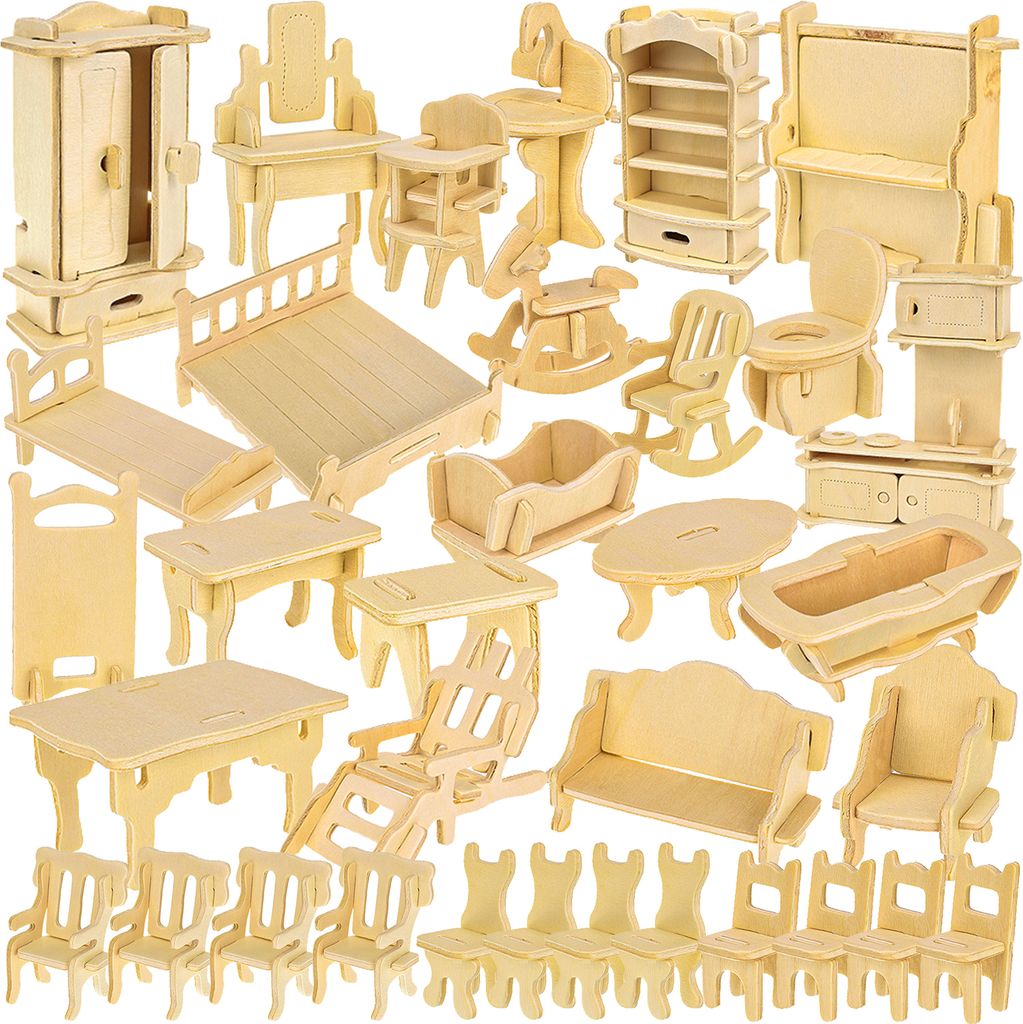 Puppenhaus Möbel Set Personalisierbar 34-teilig Küche Bad Wohnzimmer Schlafzimmer Kinderzimmer DIY 3D-Puzzle Bastelset Holz 23542
