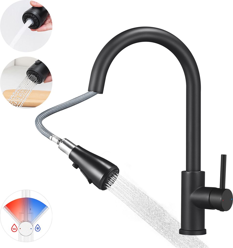 360° Edelstahl Küchenarmatur mit Ausziehbar Brause Wasserhahn Spültischarmatur mit 3 Modus Strahlarten Mischbatterie Küche Armatur,Schwarz