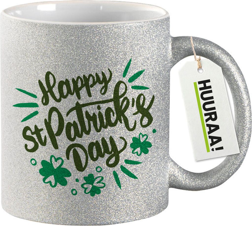 Huuraa Glitzertasse St. Patrick’s Day Kleeblatt 330ml Silber Keramik Kaffeebecher Geschenkidee