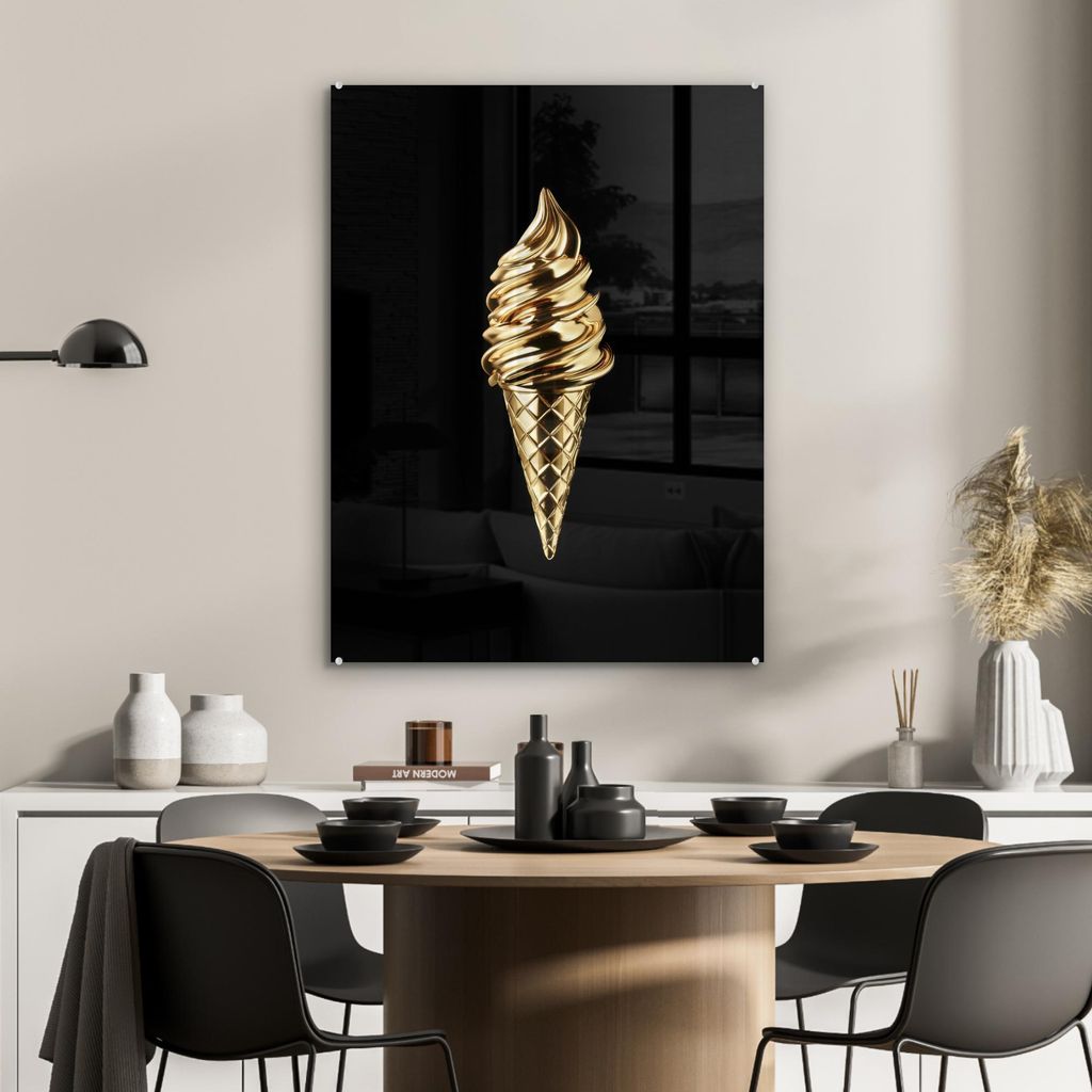 MuchoWow Glasbilder - Bilder auf Wandbild - Foto auf Glas Eiscreme - Gold - Schwarz - Lebensmittel 60x80 cm Wanddekoration aus Glas - Acrylglasbild...