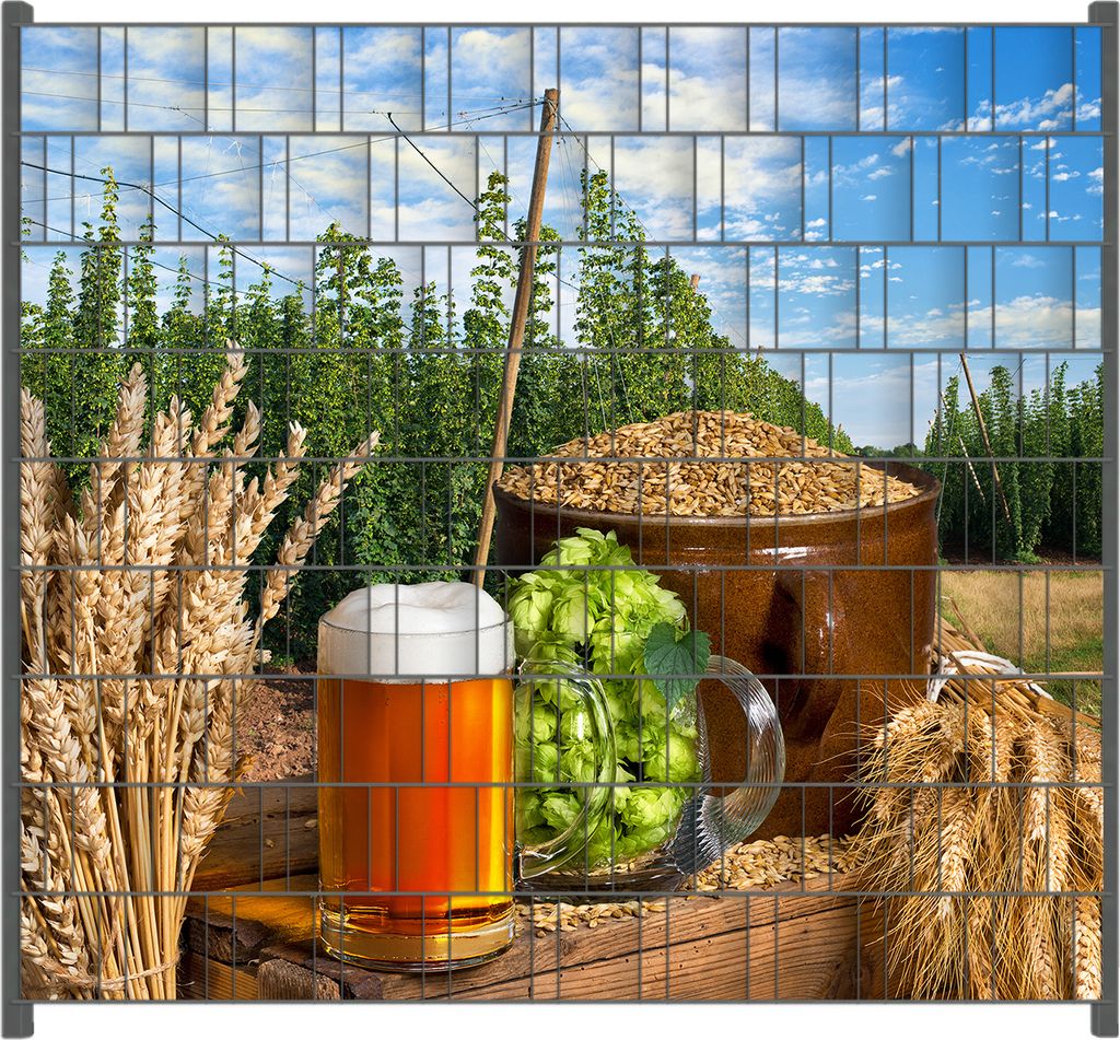 Wallario Zaunsichtschutz mit Motiv Frisch gezapftes Bier, Hopfen und Malz für Ein- und Doppelstabmatten Zäune in der Größe 200 x 180 cm