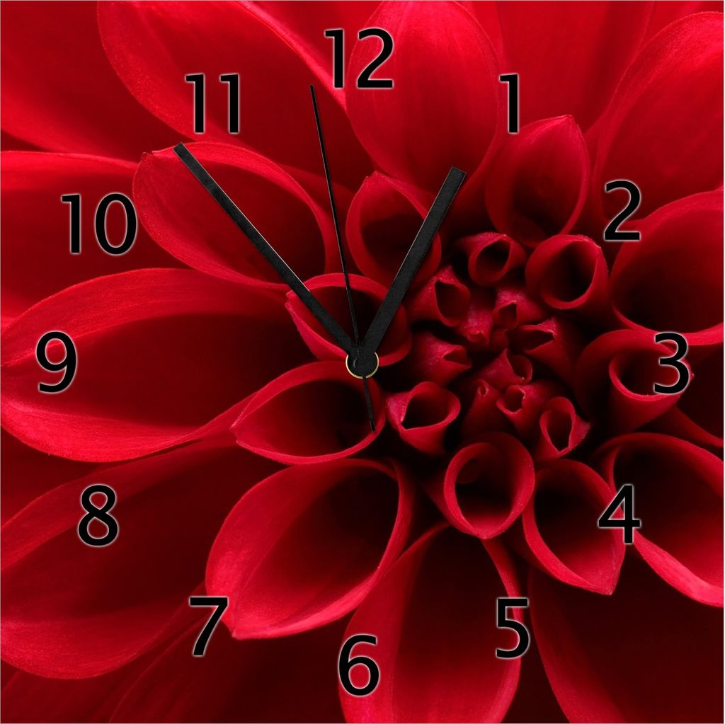 Wallario Design Wanduhr Rote Dahlienblüte in Nahaufnahme aus Echtglas, Größe 30 x 30 cm