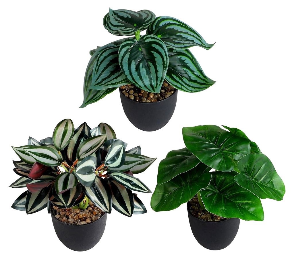 3 Stück Künstliche Tropische Pflanzen 24 x 20 cm, Kunstpflanzen im Topf, Plastikpflanzen für Badezimmer, Wohnzimmer, Balkon und Außenbereich