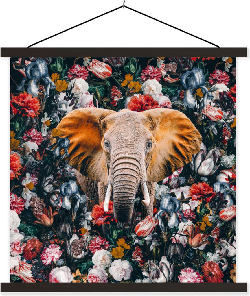 MuchoWow Textilposter Elefant - Blumen - Tasse 40x40 cm mit schwarzem Rahmen - Fotos
