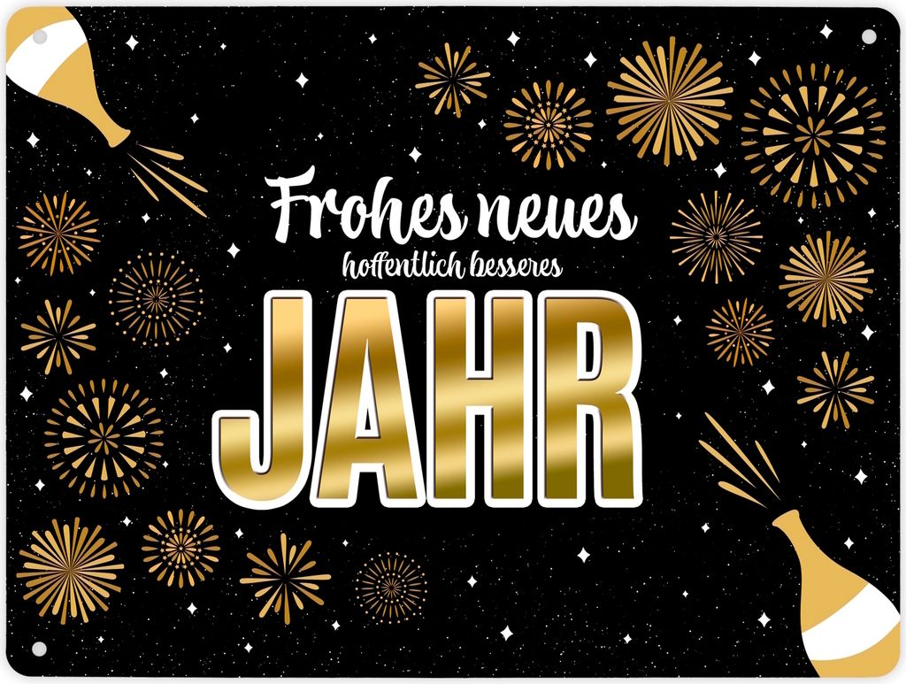 Frohes neues hoffentlich besseres Jahr Metallschild XL mit Feuerwerk und Sekt