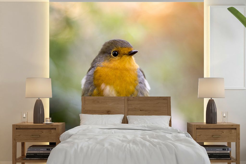 MuchoWow Fototapete für Wohnzimmer oder Schlafzimmer Wandtapete Vinyl Motivtapete Vögel - Rotkehlchen - Baum - 350x350 cm - Schlafzimmertapete