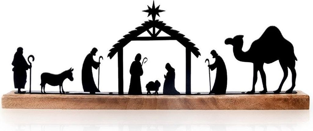 A silhouette of a nativity scene on a wooden base.