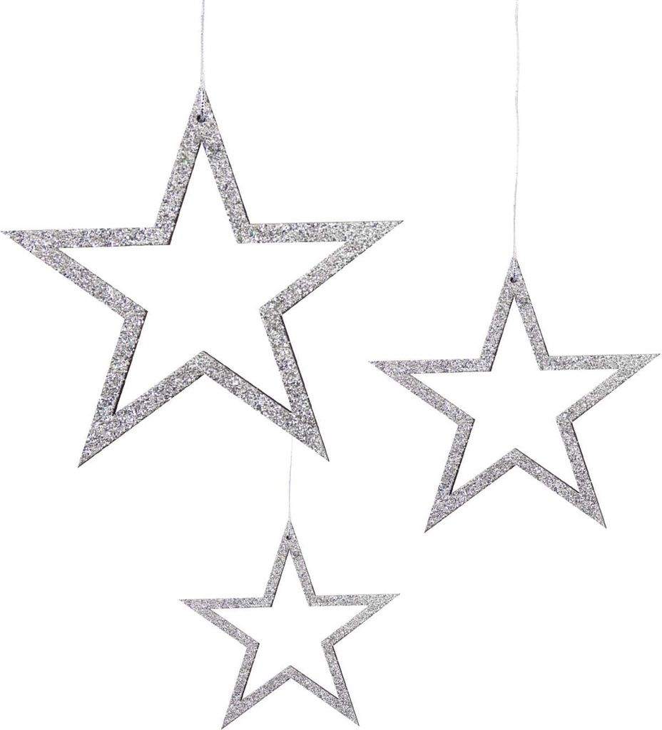 Oblique Unique 3 Holz Sterne mit Glitzereffekt + Schnur Weihnachtsdeko Weihnachtsbaum Anhänger Weihnachten - silber