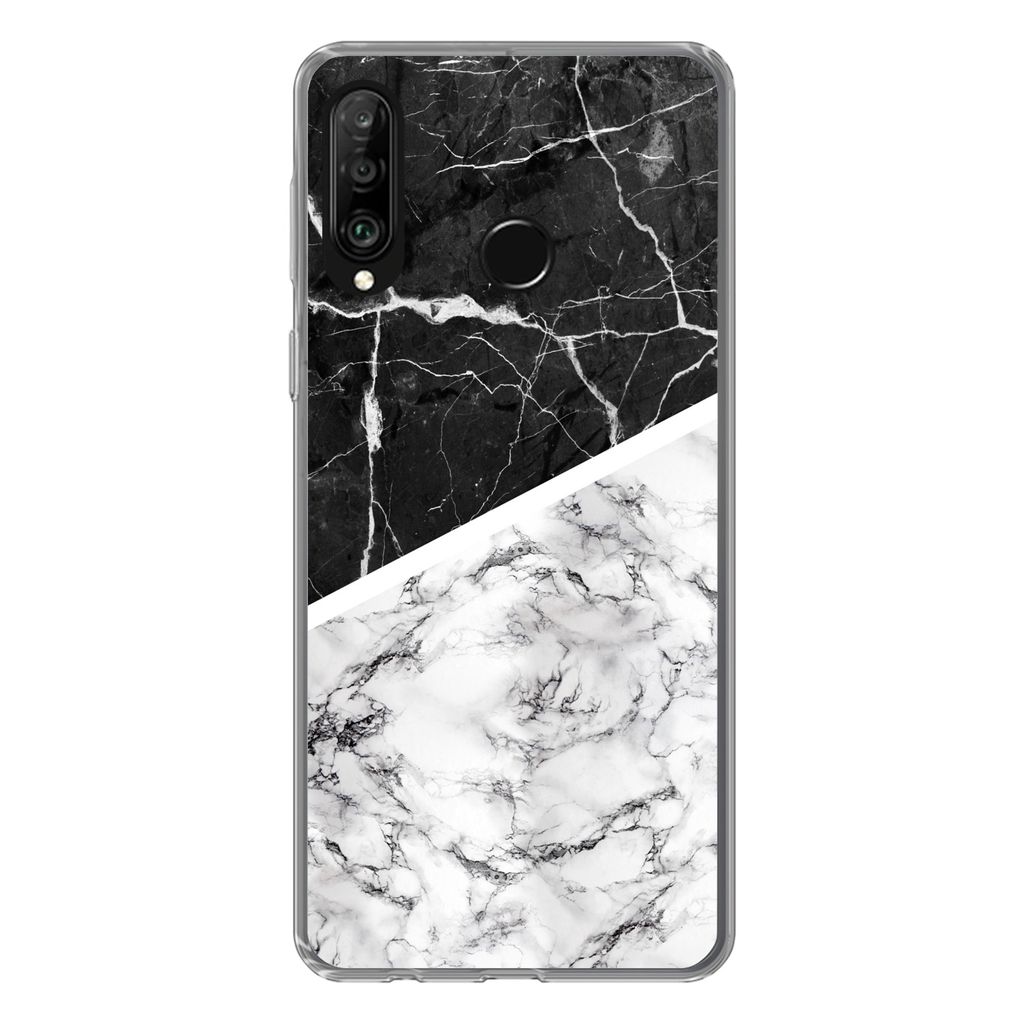 MuchoWow Handyhülle Schutzhülle Hülle für Huawei P30 Lite Marmor - Schwarz - Weiß Silikon Softcase Handy Hülle - Handyhülle