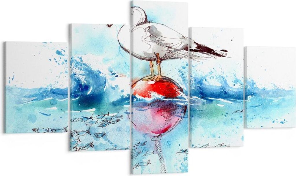 Bild auf Leinwand - Leinwandbild - Wasser Fische Möwe hungrig - 125x70cm - Wand Bild - Wanddeko - Leinwanddruck - Bilder - Kunstdruck - Wanddekora...