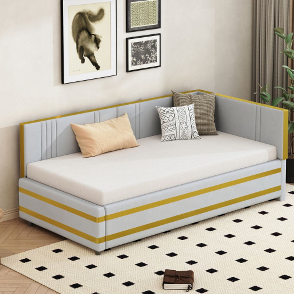 MODFU Schlafsofa Tagesbett 90x200cm mit Lattenrost, Polsterbett Daybett, Kinderbett Jugendbett, Hellgrau(Ohne Matratze)