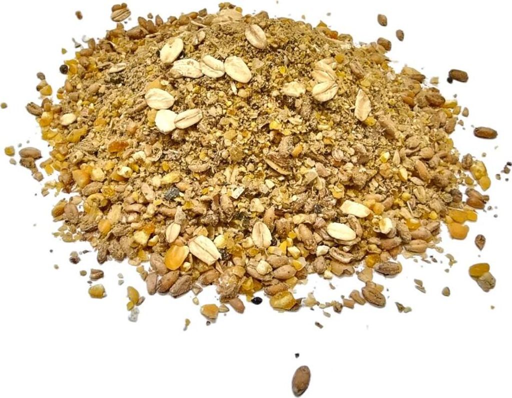 A pile of bird feed on a white background.
