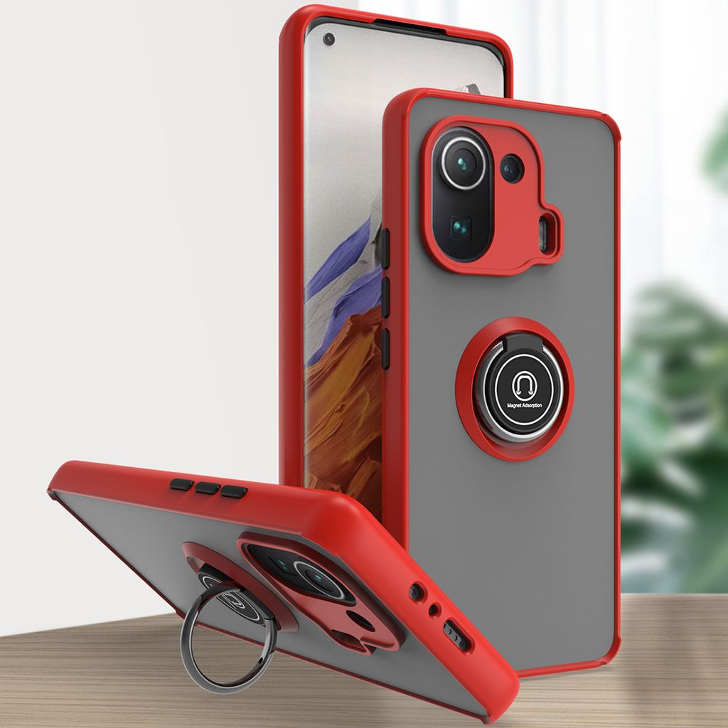 Xiaomi Mi 11 Pro Hülle, Ring Halter Ständer Matte Transluzent TPU Rahmen Stoßfest Schutzhülle für Xiaomi Mi 11 Pro Rot