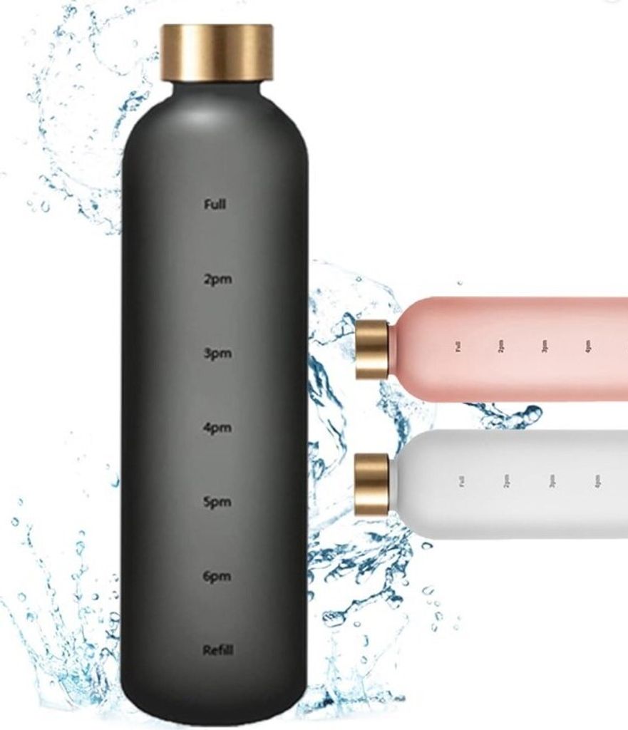 Wasserflasche, 1 Liter Trinkflasche, Kohlensäure geeignet, Motivations-Skala, edel, auslaufsicher, bruchsicher, robust (schwarz)