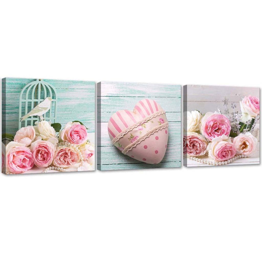 Set mit gemälden auf leinwand herz und alte rosen 150x50 cm Feeby rosa wandbild bereit zum aufhängen