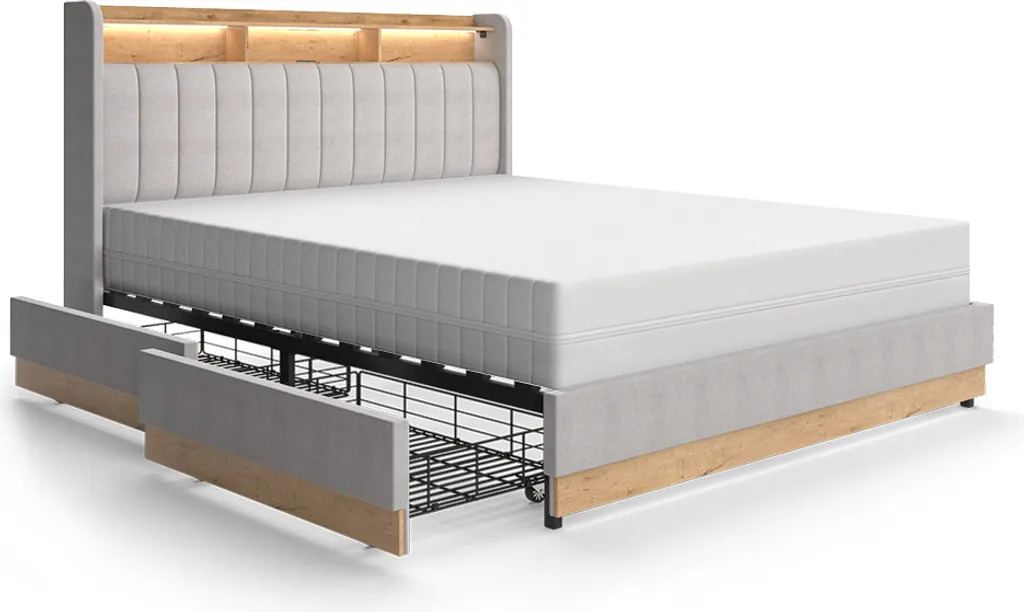 Lit 2 places 160x200 Vitalispa Nura Gris : Grand confort et 4 tiroirs XL