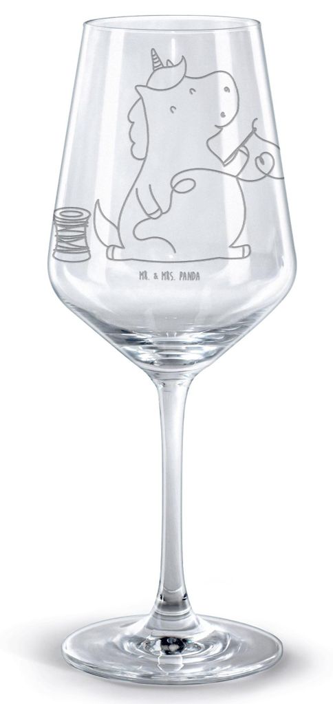 Mr. & Mrs. Panda Weinglas Einhorn Näherin - Transparent - Geschenk, Nähen, Häkeln, Basteln, Einhörner, Stricken, Kelch, Unicorn, glas für rotw...