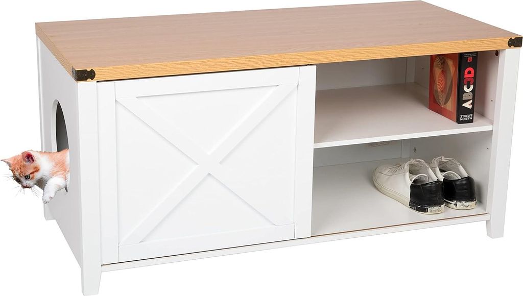 Große Katzenkiste für Katzenklos - XXL Holzkommode mit Schuhschrank - Design Katzenhaus für Toiletten - 110 x 50 x 53 cm - Weiß Braun