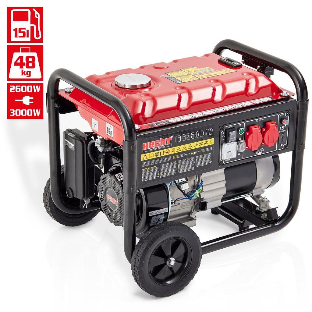 Benzin Stromerzeuger HECHT GG 3300W | 3000 W max. | 2 x 230 V | 12 V Ausgang | 15 l Tank | mit AVR | Notstromaggregat