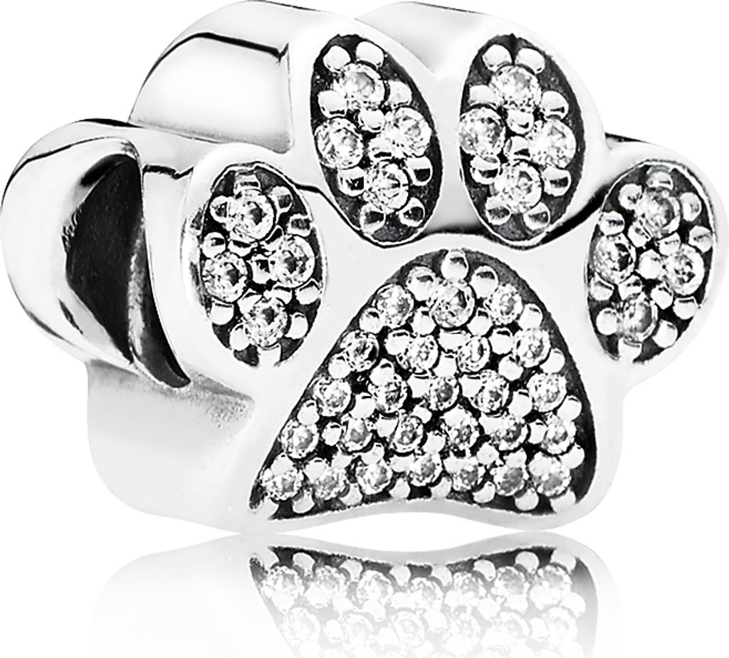 A close-up studio shot of a silver paw print charm with clear stones.