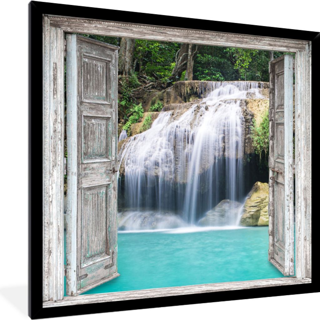 MuchoWow Gerahmtes Poster Aussicht - Wasserfall - Natur - Landschaft 40x40 cm - Poster mit Schwarzem Bilderrahmen Wandposter Rahmen Foto Bilder -...