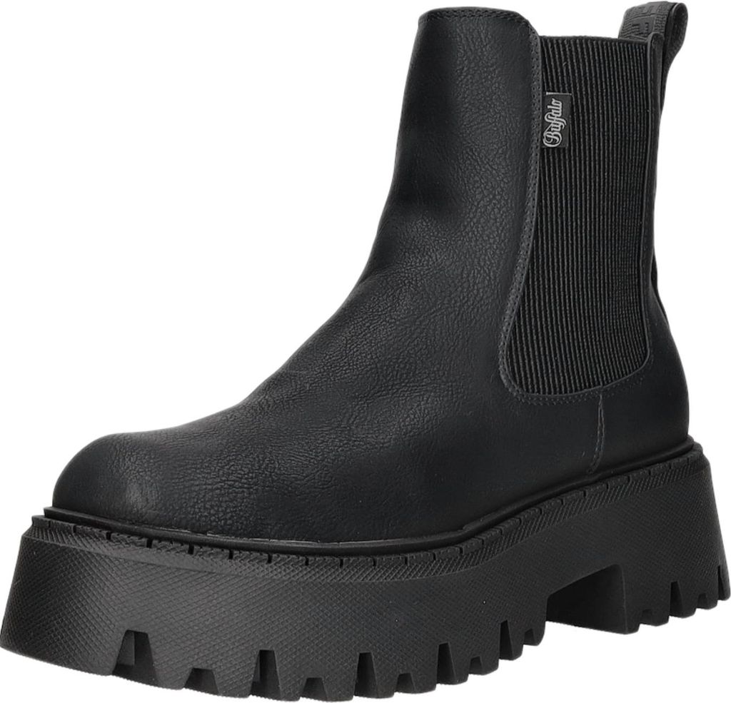 A black Buffalo boot with a thick sole is shown against a white background.