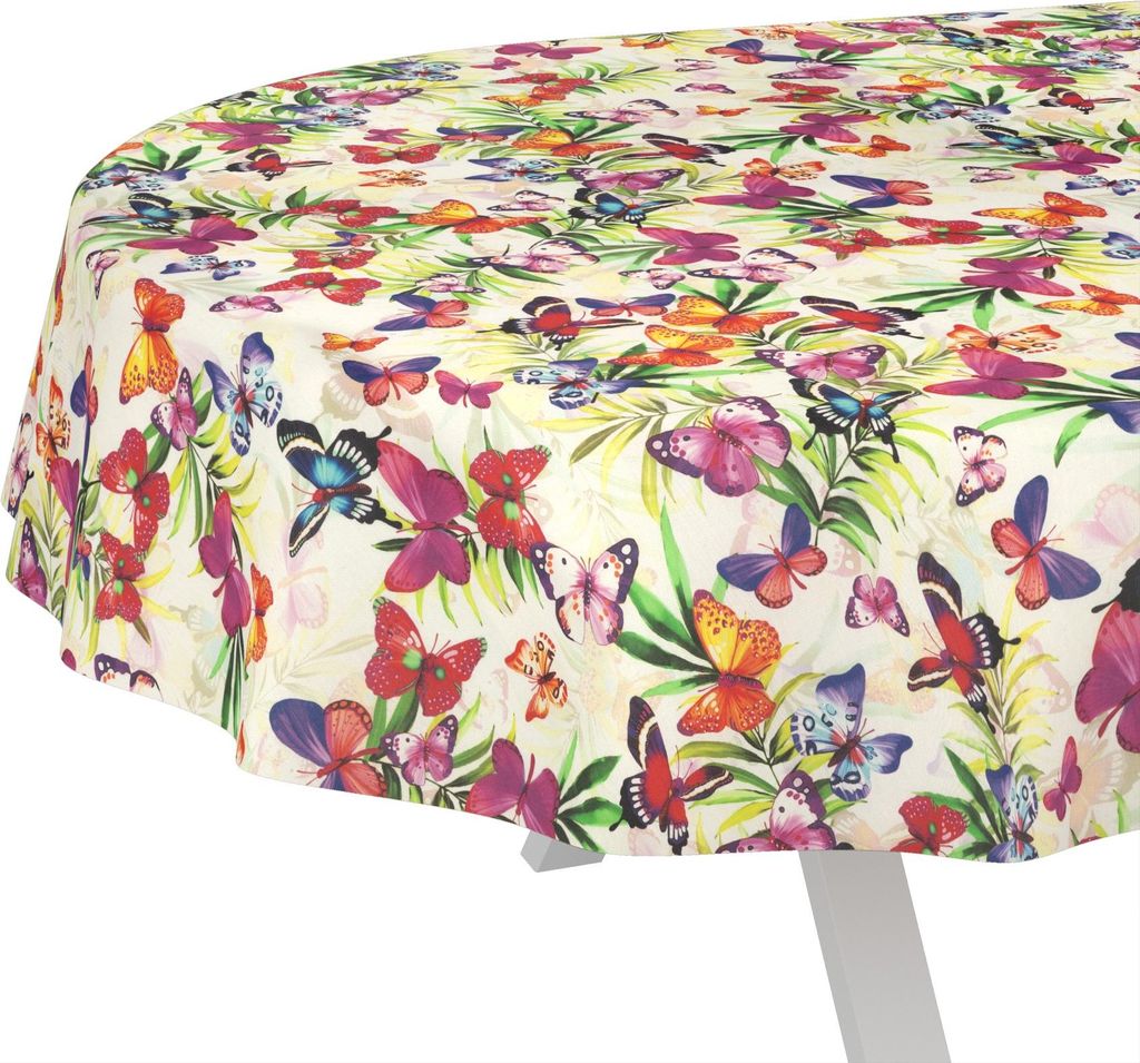 Tischdecke Lucia-Palmen Bunt Oval 260x140cm Schnittkante
