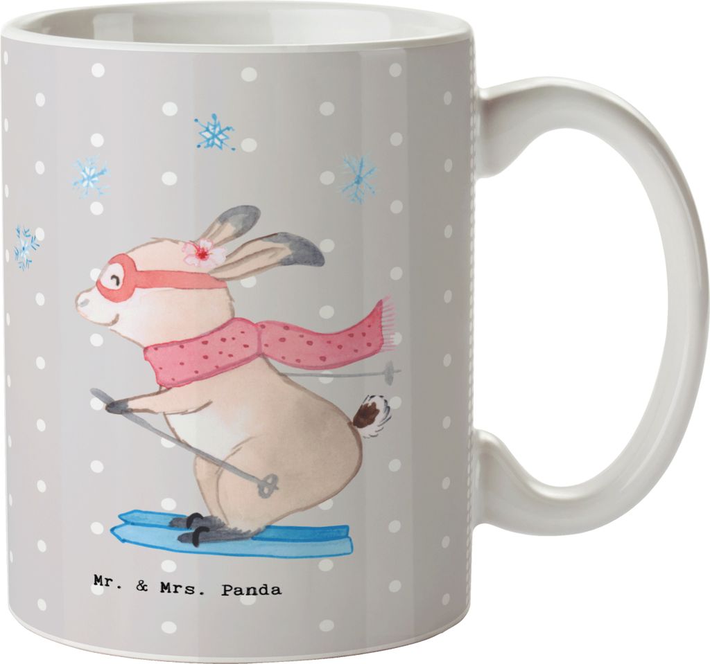 Mr. & Mrs. Panda Kaffeebecher Skilehrerin Herz - Grau Pastell - Geschenk, Trinkbecher, Kaffeetasse, Henkelpott, Becher, Tasse