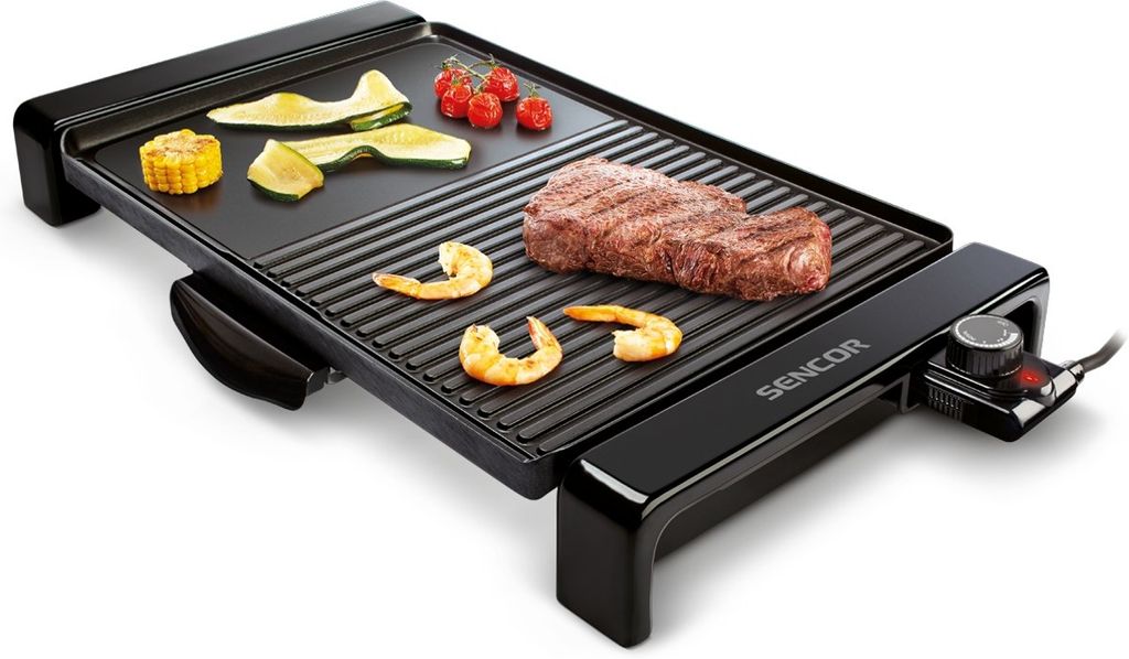 A black electric grill with food on it, set against a white background.