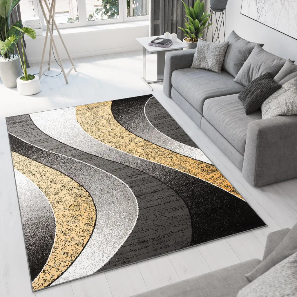 Grand Tapis DREAM pour Décorer un Salon Moderne Gris Noir Jaune