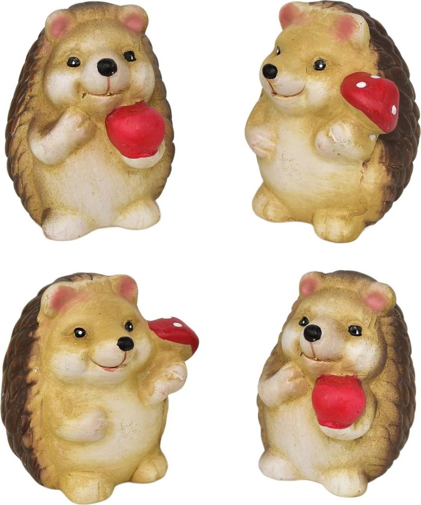 Four ceramic hedgehog figurines, each holding either a red apple or a red mushroom.
