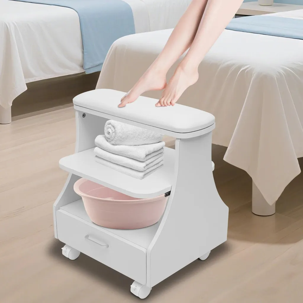 Chariot de pédicure professionnel blanc et tabouret de manucure mobile