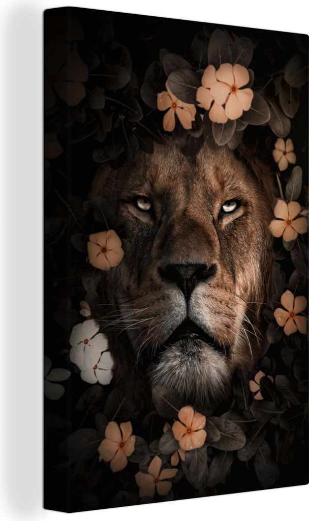 OneMillionCanvasses - Leinwandbilder - 90x140 cm, Dschungel - Löwe - Blumen, Wandbilder Kunstdruck Wanddekoration - Wandschmucke - Schlafzimmer