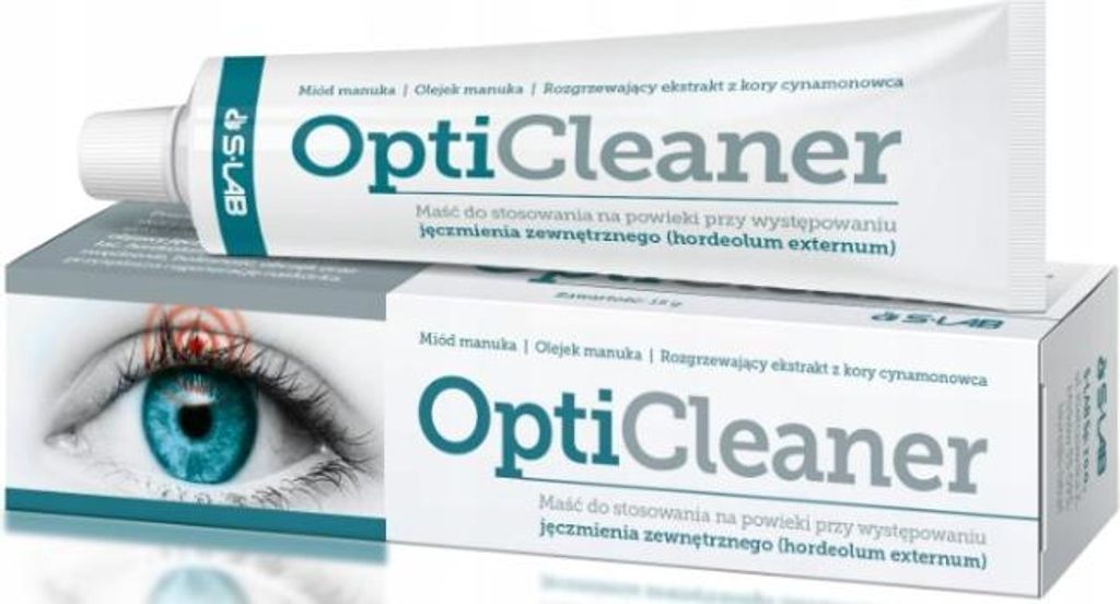 A product shot of OptiCleaner ointment and its packaging, featuring an illustration of an eye with a stye.