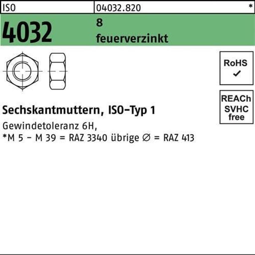 Sechskantmutter ISO 4032 M 27 8 feuerverzinkt
