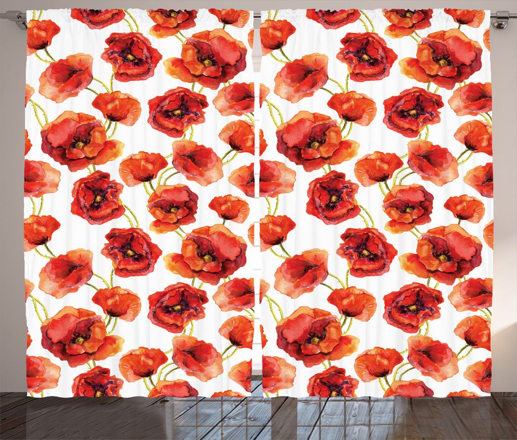 ABAKUHAUS Blume Rustikaler Gardine, Poppies Garden Floral, Schlafzimmer Kräuselband Vorhang mit Schlaufen und Haken, 280 x 245 cm, Red Scarlet und...
